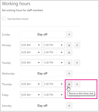 Afbeelding van het scherm met werktijden van bookings-medewerkers met de muisaanwijzer op de knop X.