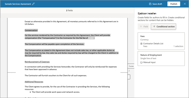 Schermopname van het sjabloonvenster en het sjabloondocument instellen.