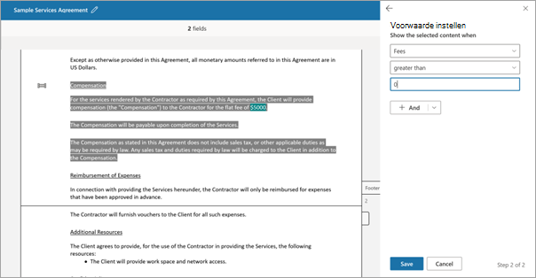 Schermopname van het deelvenster Voorwaarde instellen en het sjabloondocument voor de eerste voorwaarde.