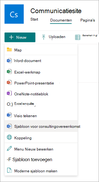Schermopname van de documentbibliotheek met de moderne sjabloonkeuzes in het menu Nieuw.