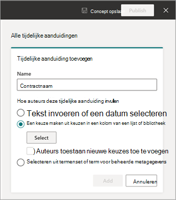 Schermopname van de sjabloonviewer met het deelvenster Nieuw veld voor invoer uit een SharePoint-lijst.