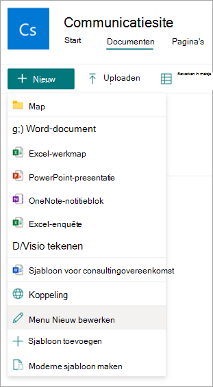 Schermopname van de documentbibliotheek met de menuoptie Nieuw bewerken gemarkeerd.