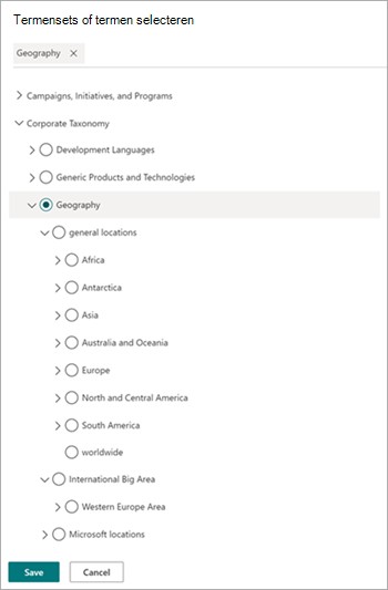 Schermopname van de pagina Termensets of termen selecteren.