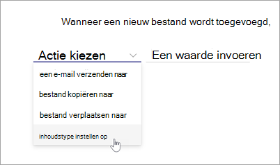 Schermopname van de regelinstructiepagina met de optie Actie kiezen gemarkeerd.