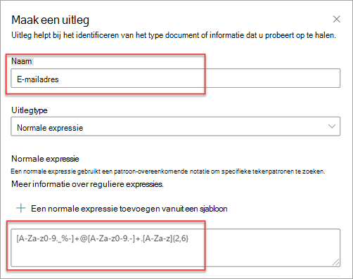 Schermafbeelding van het deelvenster Een uitleg maken waarop de sjabloon E-mailadres is toegepast.