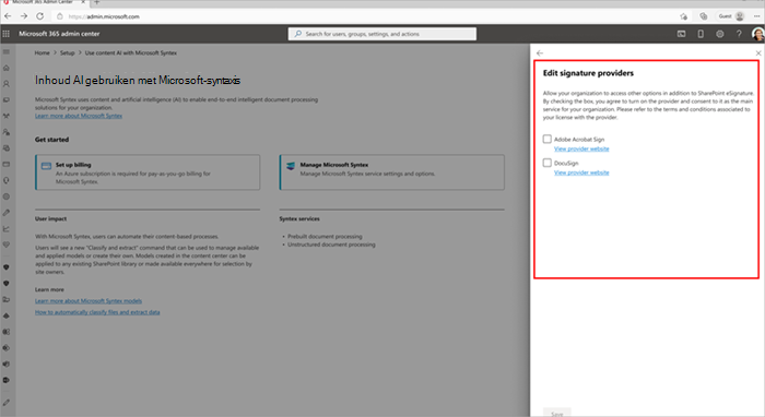 Schermopname van het deelvenster Handtekeningproviders bewerken.