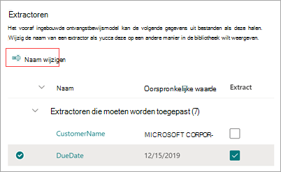 Schermopname van het deelvenster Extractors waarin wordt getoond hoe u de naam van een extractor wijzigt.