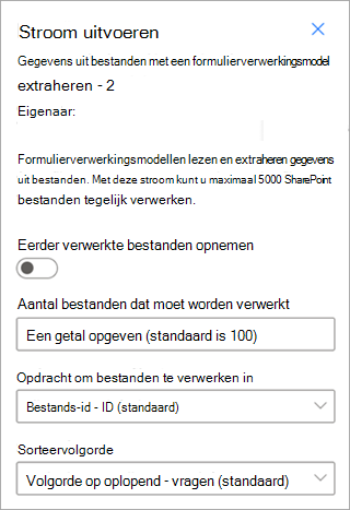 Schermopname van het deelvenster Stroom uitvoeren met parameteropties gemarkeerd.