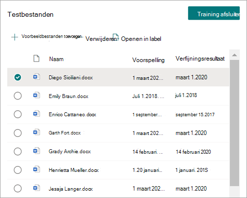 Lijst Testbestanden met de kolom Verfijningsresultaat.