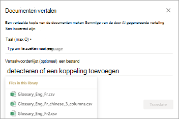 Schermopname van het scherm Documenten vertalen met vertaalwoordenlijstopties.