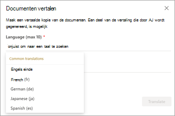 Schermopname van het scherm Documenten vertalen met taalopties.