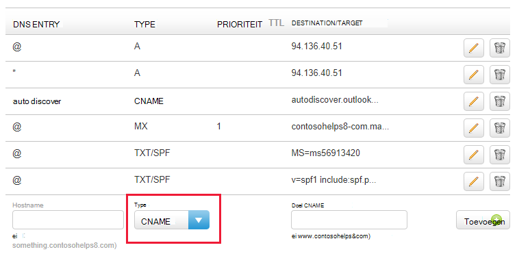 Selecteer het type CNAME in de vervolgkeuzelijst en vul de waarden in.