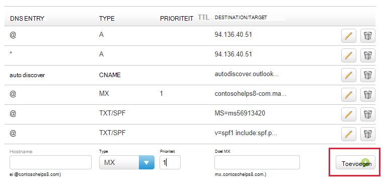 Schermopname van waar u Toevoegen selecteert om een MX-record toe te voegen.