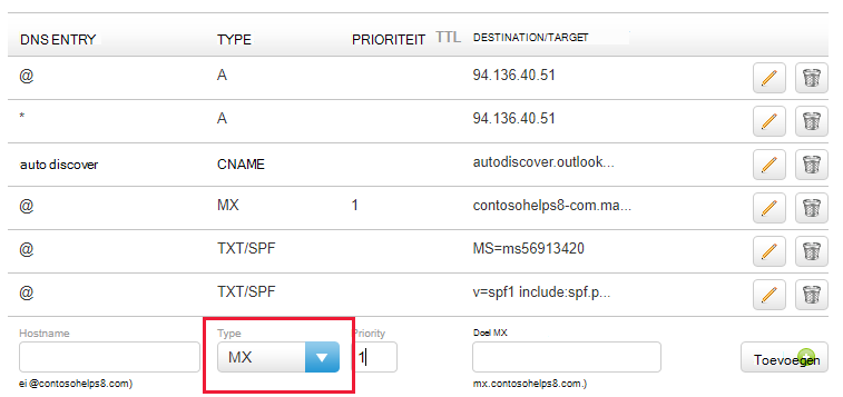 Selecteer het MX-type in de vervolgkeuzelijst en vul de waarden in.