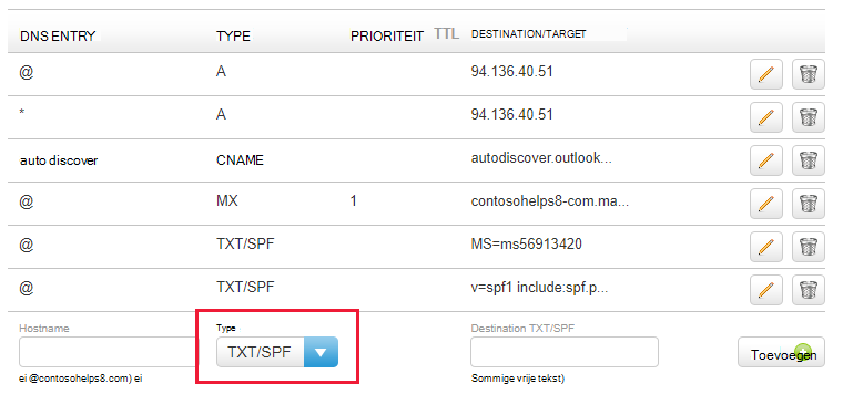 Selecteer het type TXT/SPF in de vervolgkeuzelijst en vul de waarden in.