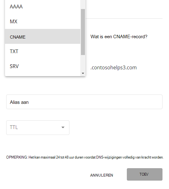 Selecteer CNAME in de vervolgkeuzelijst Type.