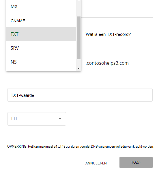 Selecteer TXT in de vervolgkeuzelijst Type voor de TXT-record voor domeinverificatie.