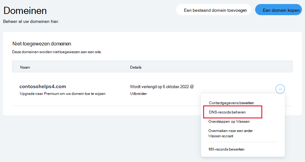 Selecteer DNS-records beheren in de vervolgkeuzelijst.