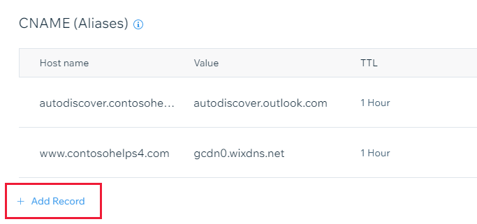 Schermopname van waar u Een record toevoegen selecteert om een CNAME-record toe te voegen.