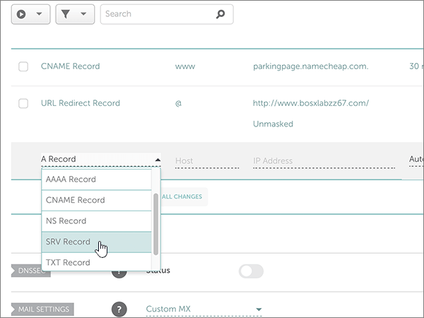 Selecteer het SRV-recordtype.