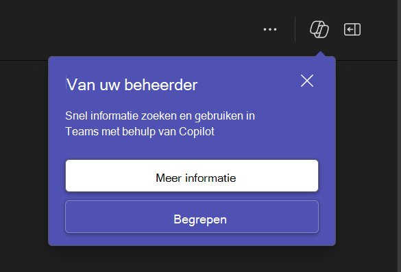 Schermopname van het pop-upvenster voor meldingen in Teams van de beheerder om Copilot te gebruiken.