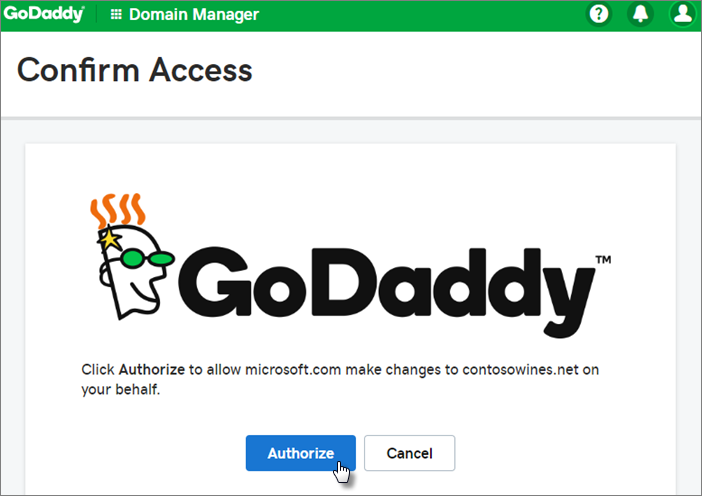 Selecteer Autoriseren op de pagina GoDaddy Toegang bevestigen.