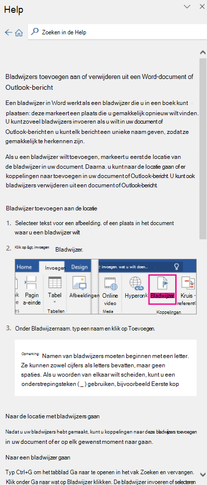 Schermopname: Help-artikel voor voorbeeld van Word bureaublad-app