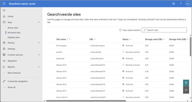 Schermopname van de pagina Gearchiveerde sites in het SharePoint-beheercentrum.