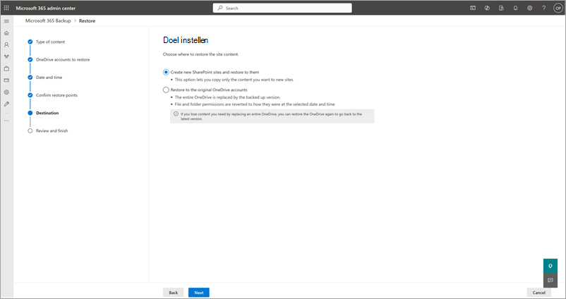 Schermopname van de pagina Doel selecteren en opties voor OneDrive.