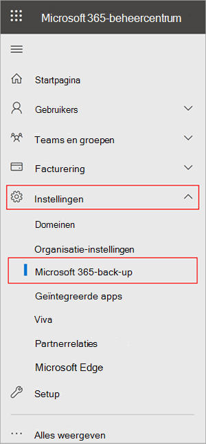 Schermopname van het deelvenster Microsoft 365-beheercentrum met Instellingen en Microsoft 365-back-up.