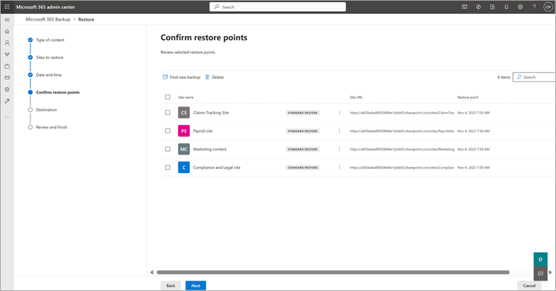 Schermopname van de pagina Herstelpunten bevestigen voor SharePoint.