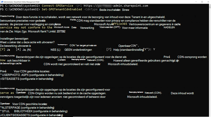 Uitvoer van Set-SPOTenantCdnEnabled.