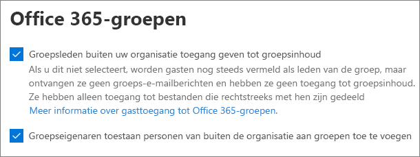 Schermopname van de gastinstellingen van Microsoft 365 Groepen in het Microsoft 365-beheercentrum.