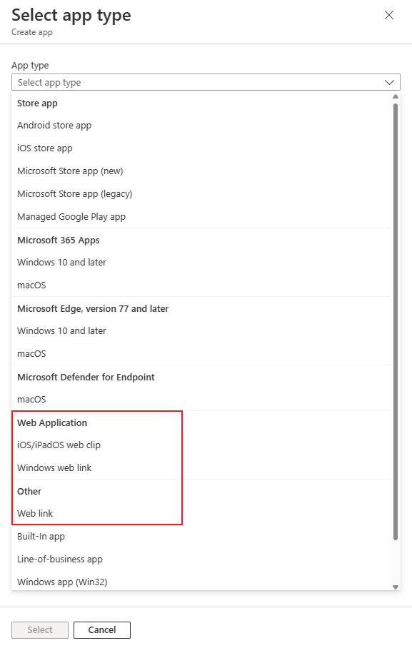 typen web-apps Intune