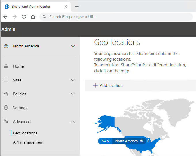 Schermopname van de pagina Geo-locaties in het SharePoint-beheercentrum.