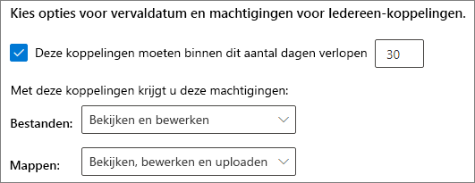 Schermopname van de verloopinstellingen voor Iedereen-koppeling op organisatieniveau van SharePoint.