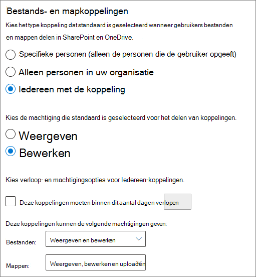 Schermafbeelding van de instellingen voor het delen van bestanden en mappen op organisatieniveau van SharePoint.