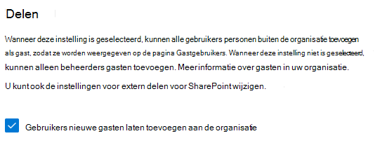 Schermopname van de instelling voor het delen van gasten voor beveiliging en privacy in het Microsoft 365-beheercentrum.