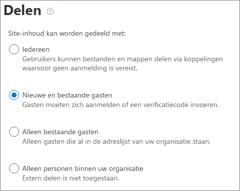 Schermopname van de instellingen voor extern delen op siteniveau in SharePoint.