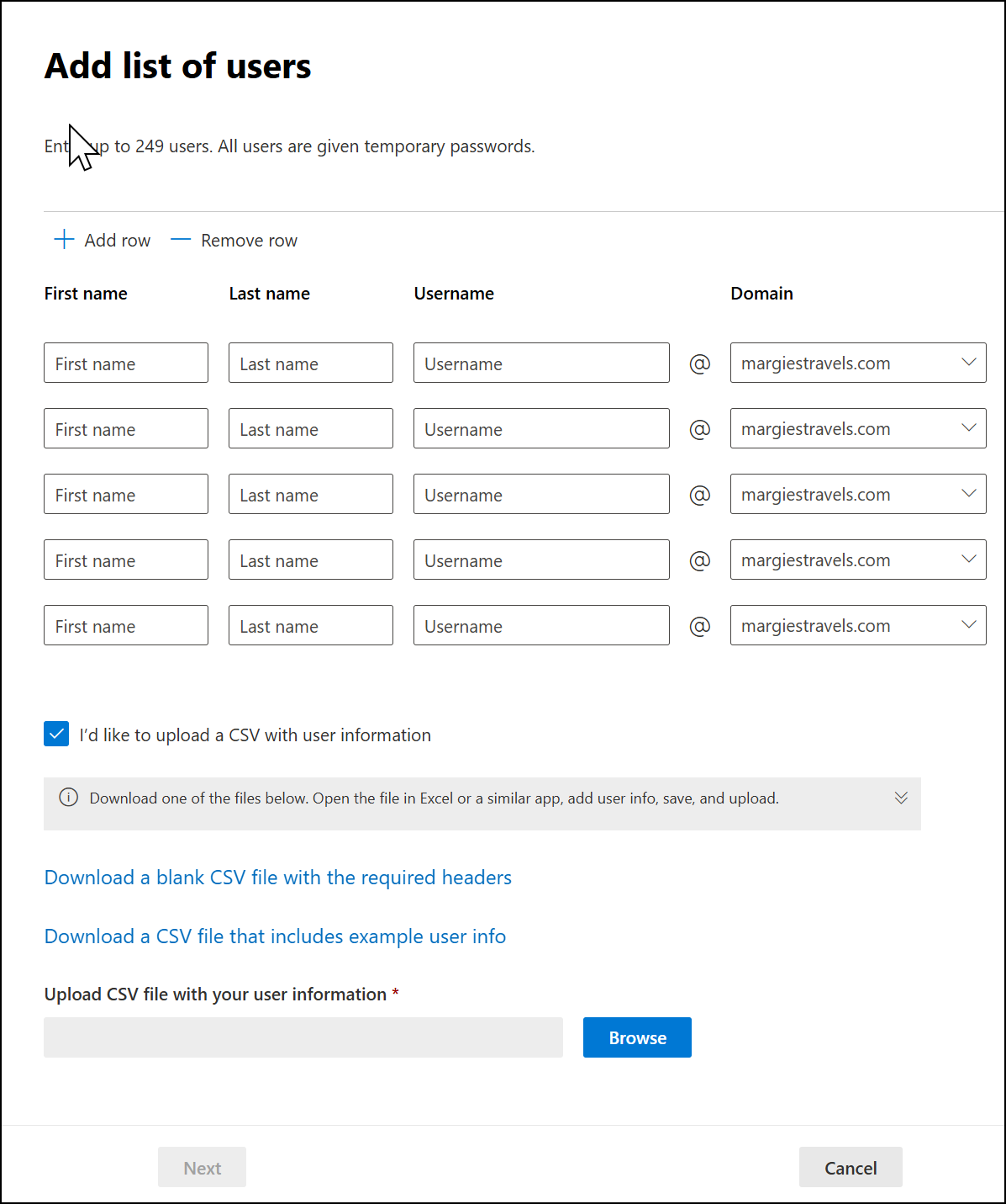 Schermopname: Opties om gebruikers één voor één toe te voegen of een CSV-bestand te gebruiken.