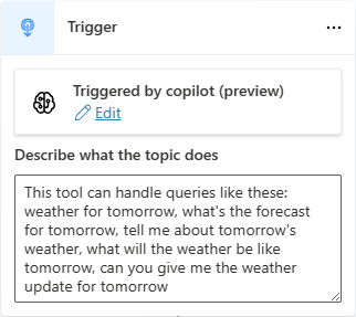 Triggerknooppunt met een beschrijving voor een onderwerp in een copilot met generatieve orkestratie van onderwerpen en acties.