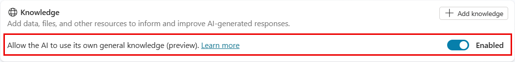 Schermopname van de overzichtspagina met de sectie Kennis gemarkeerd, waarbij de instelling Toestaan dat de AI zijn eigen algemene kennis gebruikt is ingeschakeld.