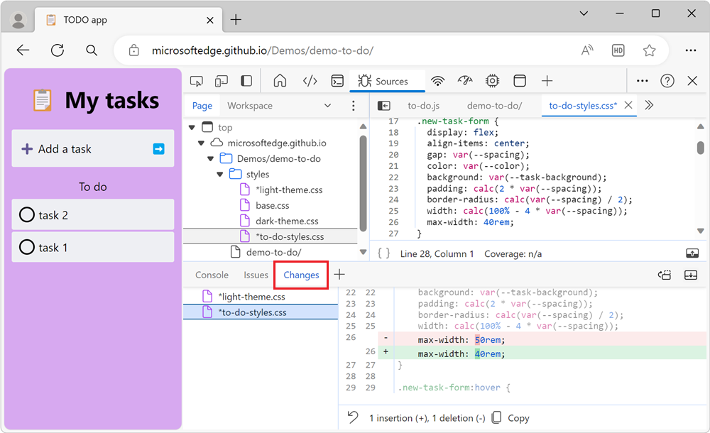 The Changes tool showing two files that have been modified, and the modifications of the selected file