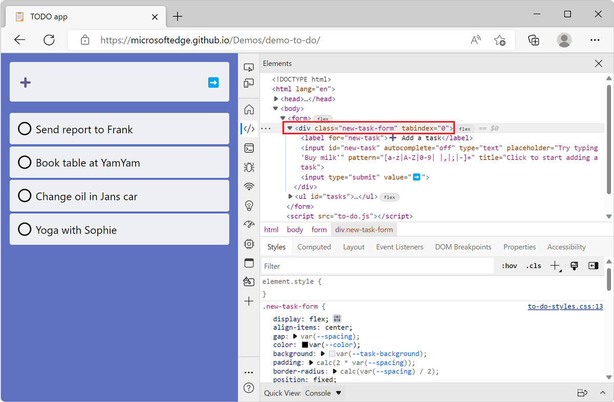 Microsoft Edge, with the TODO list demo app and DevTools, showing Elements tool, with the right node selected