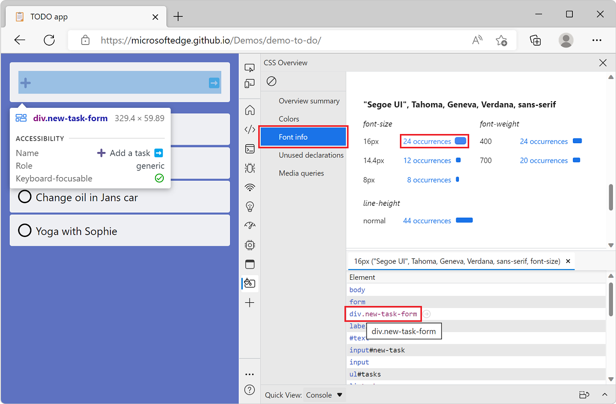 Microsoft Edge, with the TODO list demo app and DevTools, showing the list of elements for a given font-size, and a highlighted element on hover