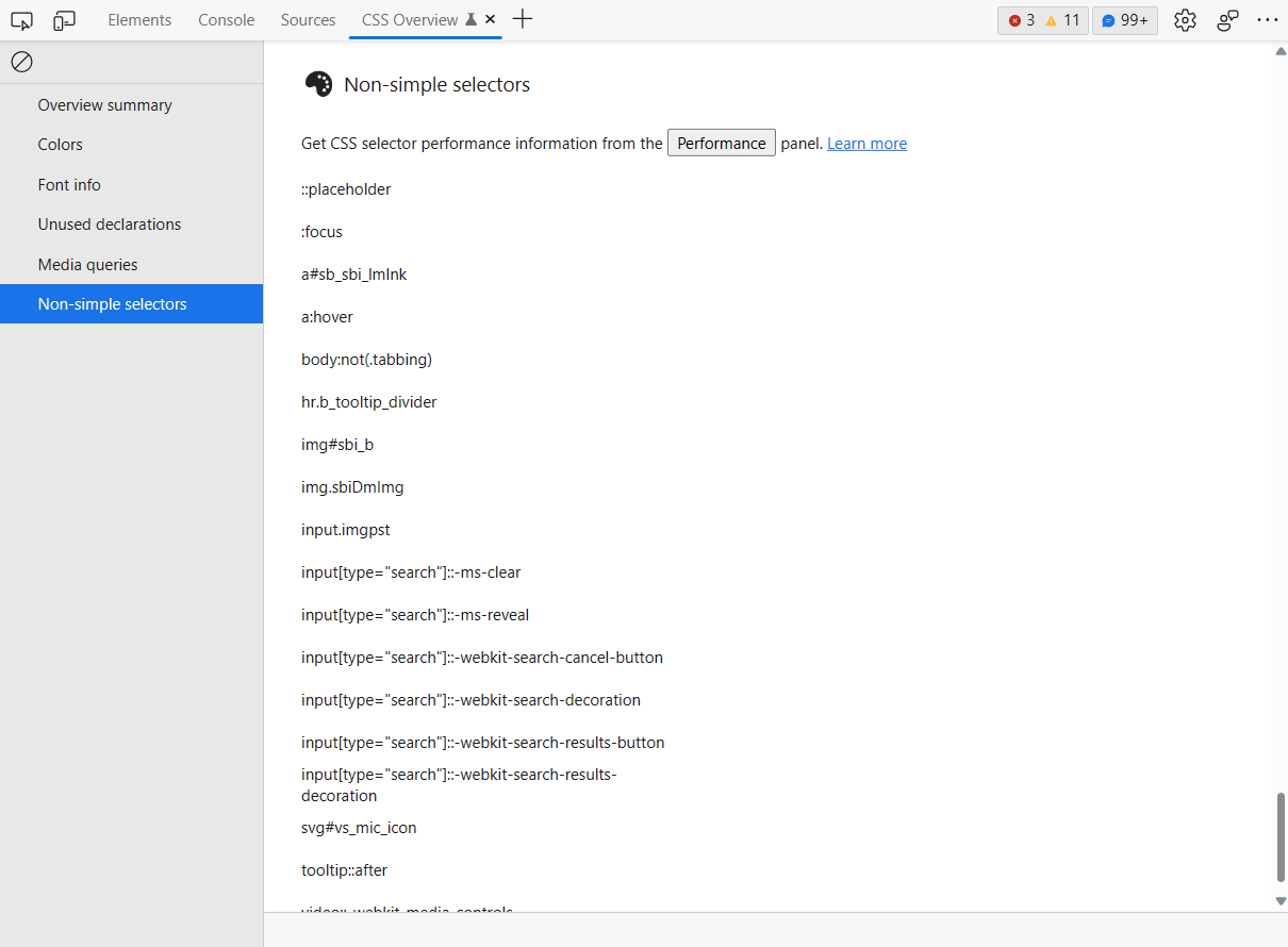The Non-simple selectors list in the CSS overview tool