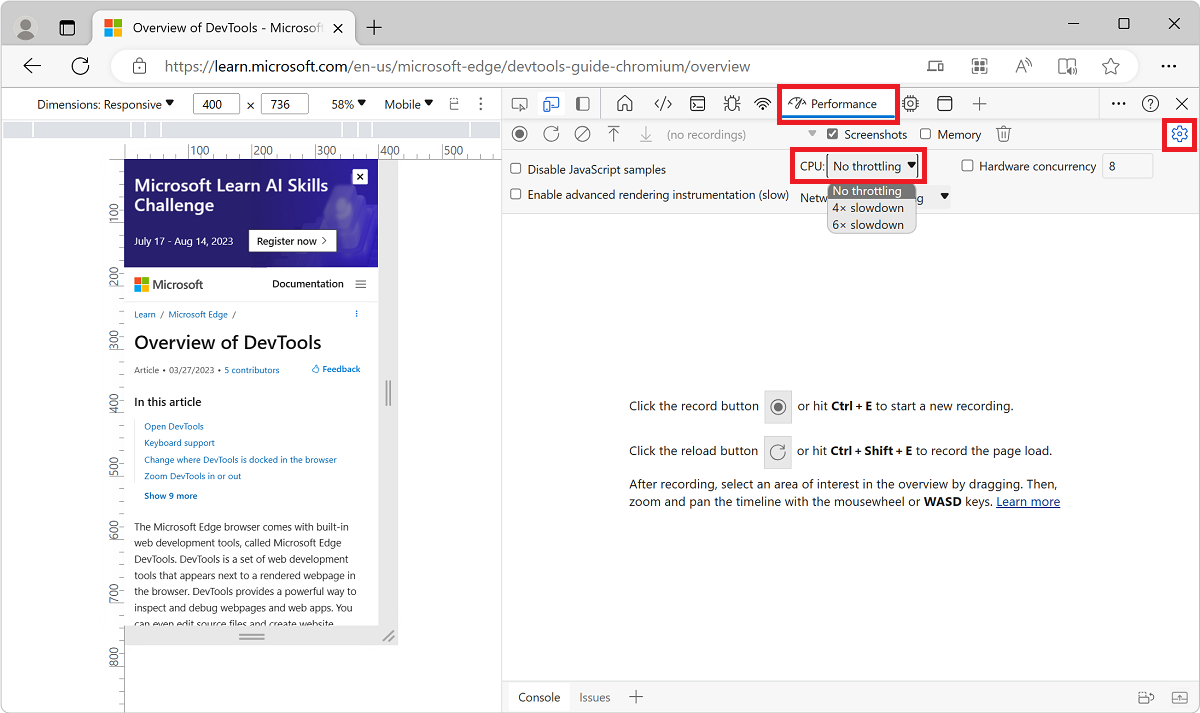 Setting network throttling from the Performance tool