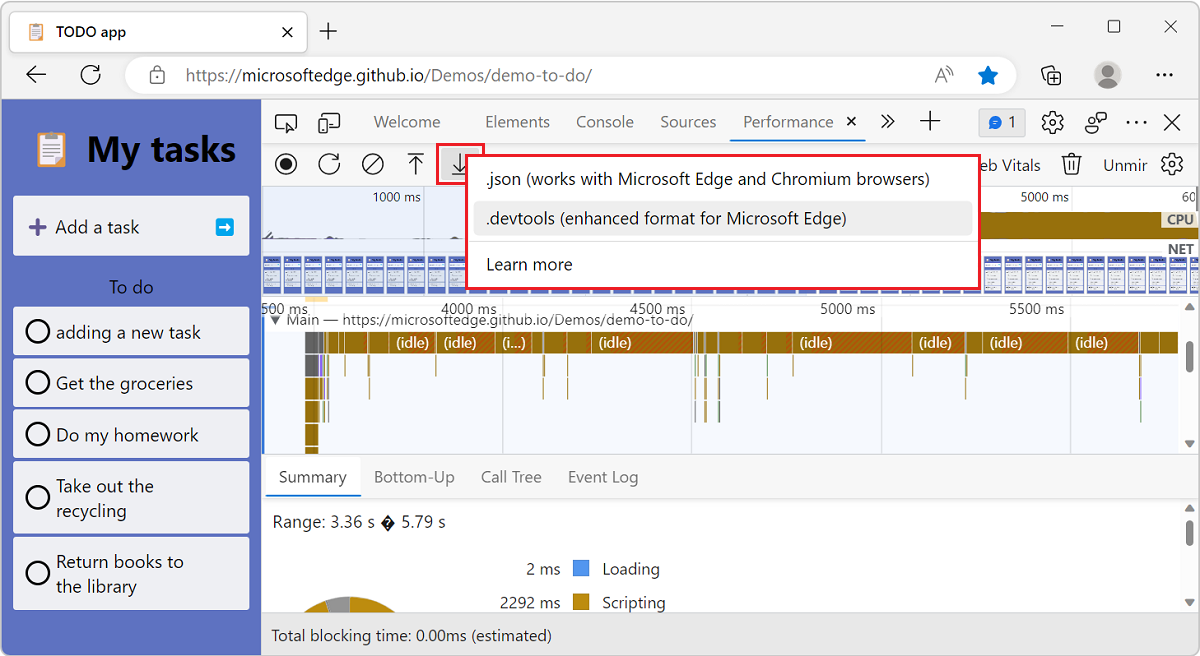 The right-click menu on the Save Profile button in the Performance tool, to select the type of trace