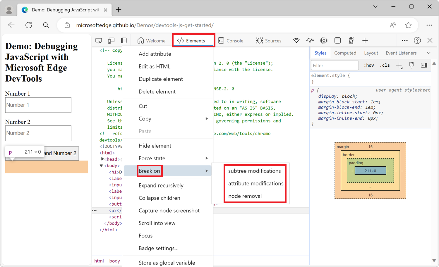 The context menu for creating a DOM change breakpoint