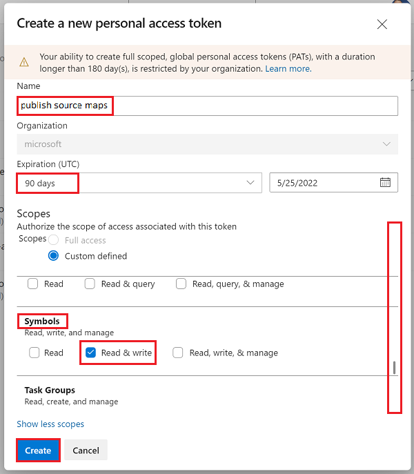 The 'Create a new personal access token' dialog, with 'Read & write' scope for Symbols selected